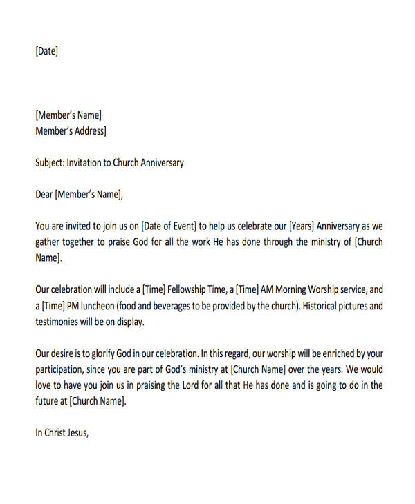 sample church anniversary invitation letter
